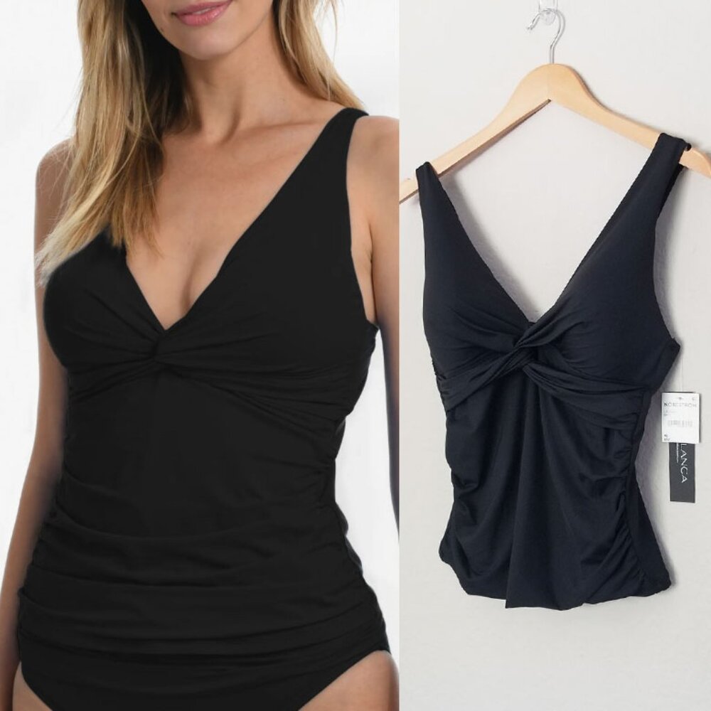NEW LA BLANCA Island Goddess Twist-Front Tankini Top US 10 Black Nordstrom Beach